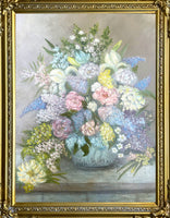 Delightful Mid C20th English Impressionist School Oil on Board - Flowers in a Light Blue Bowl SOLD