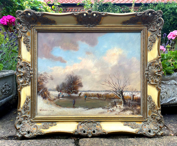 Superb Mid C20th Vintage Dutch School Oil on Canvas - Ice Skaters in a Winter Landscape