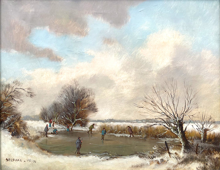 Superb Mid C20th Vintage Dutch School Oil on Canvas - Ice Skaters in a Winter Landscape  SOLD