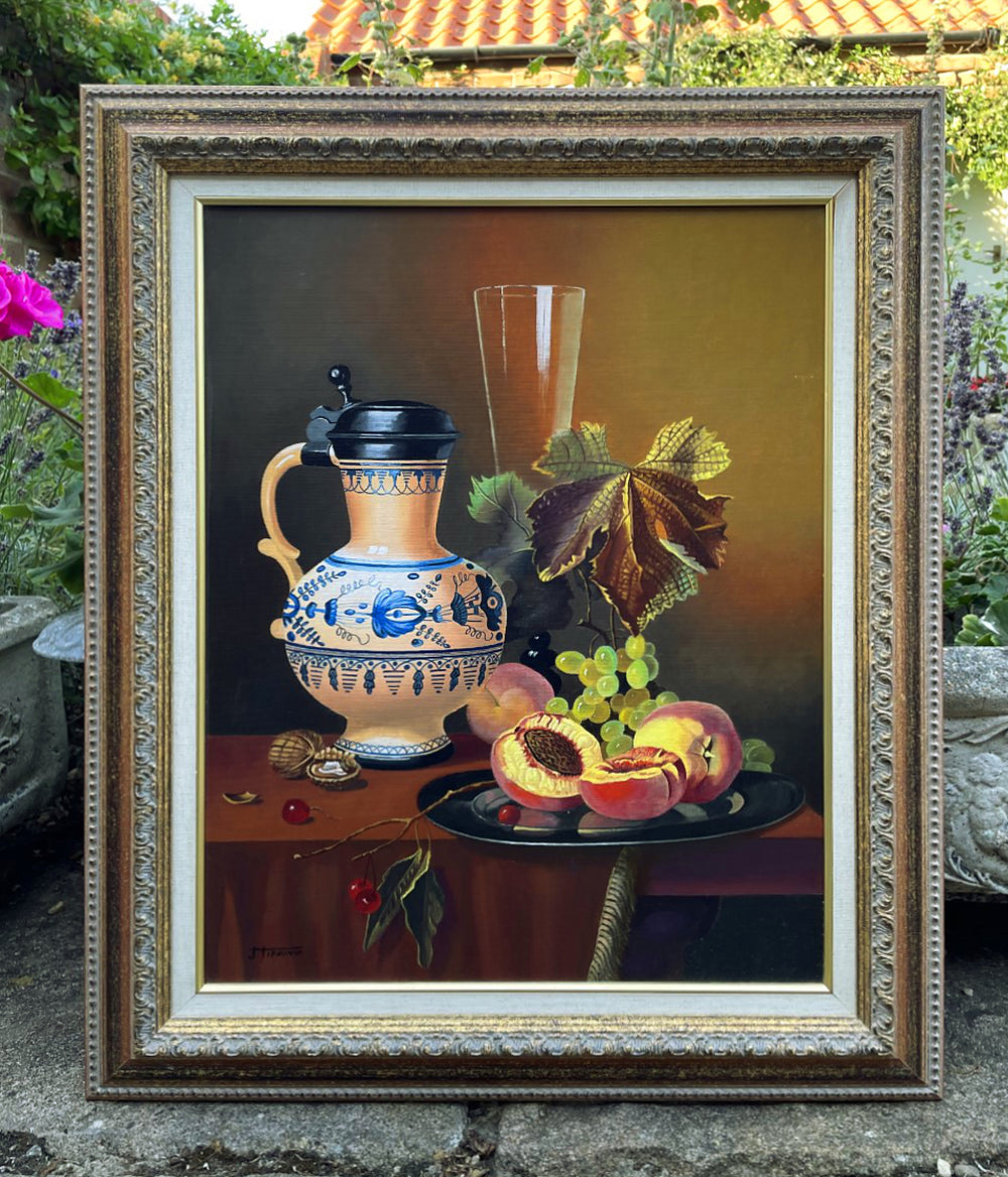 Exquisite Vintage Mid C20th Still Life Oil on Canvas Board - Mixed Fruit with a Blue & White Jug SOLD