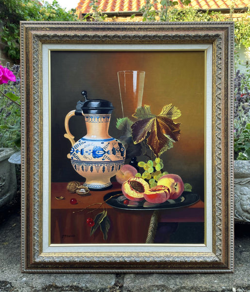 Exquisite Vintage Mid C20th Still Life Oil on Canvas Board - Mixed Fruit with a Blue & White Jug SOLD