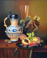 Exquisite Vintage Mid C20th Still Life Oil on Canvas Board - Mixed Fruit with a Blue & White Jug SOLD