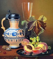 Exquisite Vintage Mid C20th Still Life Oil on Canvas Board - Mixed Fruit with a Blue & White Jug SOLD