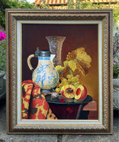 Beautiful Vintage Mid C20th Still Life Oil on Canvas Board - Mixed Fruit with a Blue & White Jug and Glass Vase  SOLD