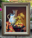 Beautiful Vintage Mid C20th Still Life Oil on Canvas Board - Mixed Fruit with a Blue & White Jug and Glass Vase  SOLD