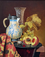 Beautiful Vintage Mid C20th Still Life Oil on Canvas Board - Mixed Fruit with a Blue & White Jug and Glass Vase  SOLD