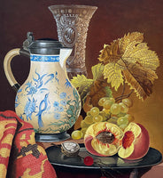 Beautiful Vintage Mid C20th Still Life Oil on Canvas Board - Mixed Fruit with a Blue & White Jug and Glass Vase  SOLD