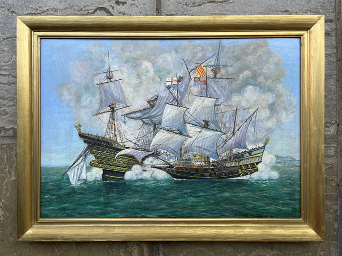 Superb Vintage Mid C20th Naval Oil on Canvas Board - 