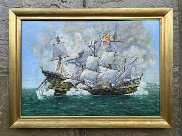 Superb Vintage Mid C20th Naval Oil on Canvas Board - "Drake's Golden Hind takes the Cacafeugo" SOLD