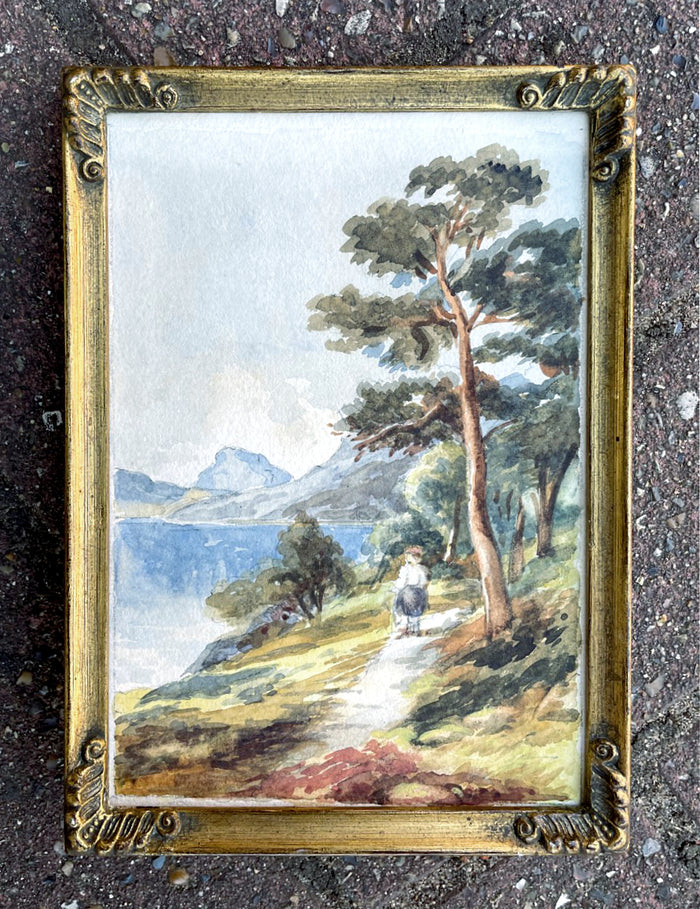 Delightful C19th Victorian Grand Tour Watercolour - Figure in a Lakeland Landscape SOLD