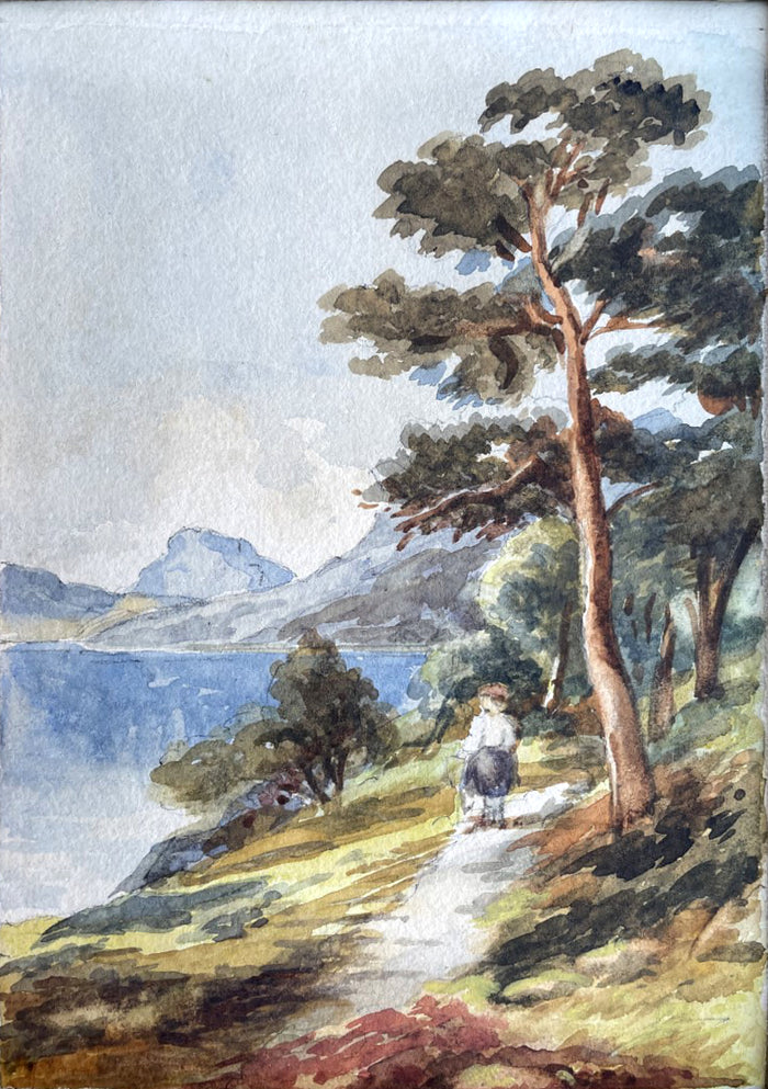 Delightful C19th Victorian Grand Tour Watercolour - Figure in a Lakeland Landscape SOLD