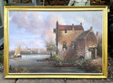 Fine Large Vintage Dutch School Oil on Canvas - Figures by a Riverside Mill SOLD