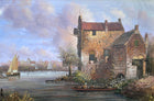 Fine Large Vintage Dutch School Oil on Canvas - Figures by a Riverside Mill SOLD