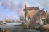 Fine Large Vintage Dutch School Oil on Canvas - Figures by a Riverside Mill SOLD