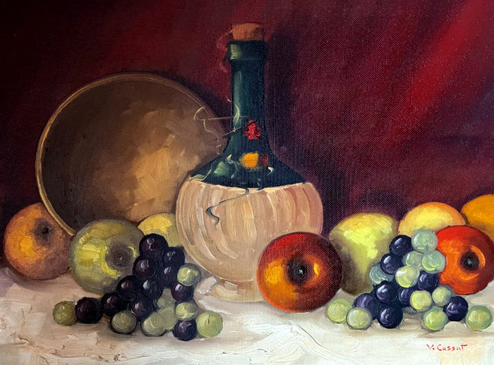 Beautiful Vintage Mid C20th Still Life Oil on Canvas Board - Assorted Fruit & Wine