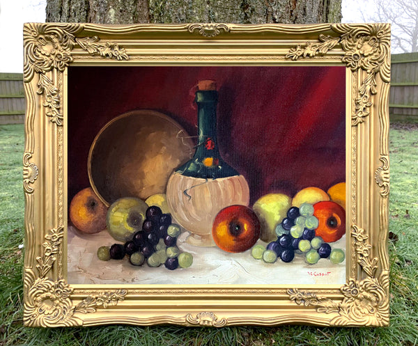 Beautiful Vintage Mid C20th Still Life Oil on Canvas Board - Assorted Fruit & Wine