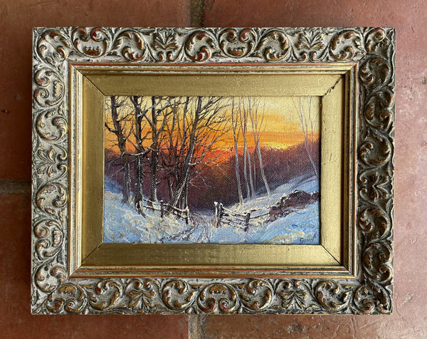 Delightful Vintage Mid C20th Oil on Canvas Board depicting a Wintry Woodland Landscape SOLD