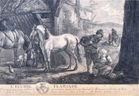 Fine Mid C18th Copper Plate Engraving "L'Ecurie Flamande" by Jean Moyreau aft. P. Wouvermans 1755