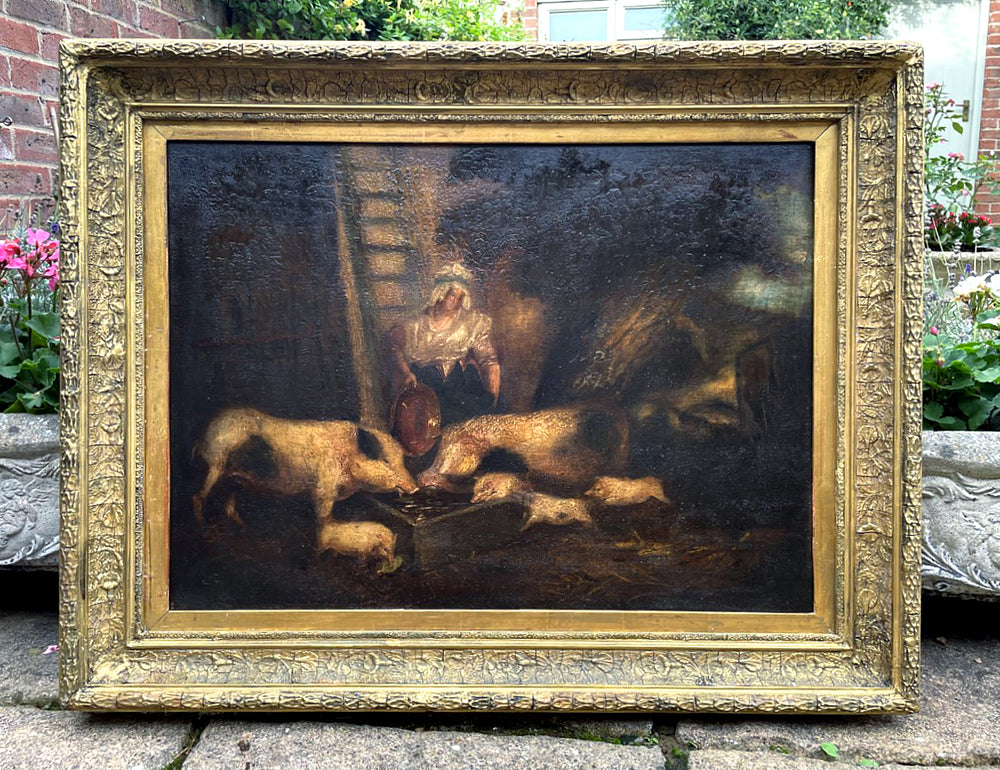 Excellent C18th Georgian Oil on Oak Panel - Pigs at Feeding Time - Attrib George Morland SOLD