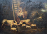 Excellent C18th Georgian Oil on Oak Panel - Pigs at Feeding Time - Attrib George Morland