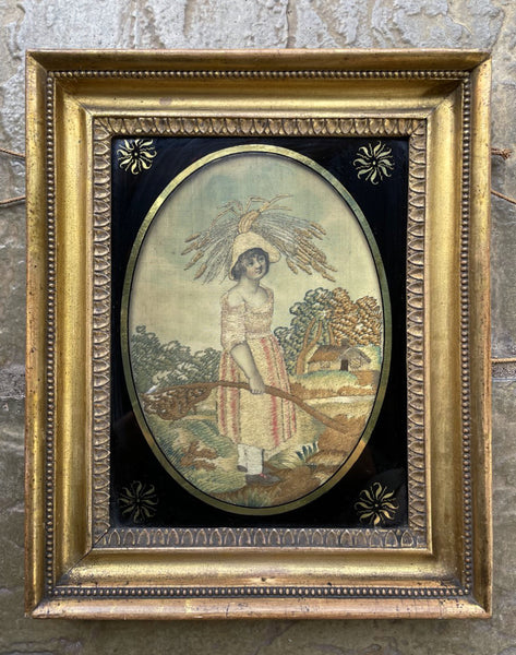 Exquisite Late C18th George III Silk work in a Verre Eglomise Mount & Georgian Gilt Frame circa 1790 SOLD