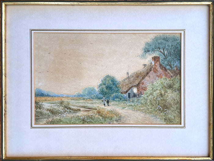 Fine C19th Victorian Watercolour of Figures by a Rural Cottage by Henry Hilton circa 1880 SOLD