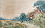 Fine C19th Victorian Watercolour of Figures by a Rural Cottage by Henry Hilton circa 1880 SOLD