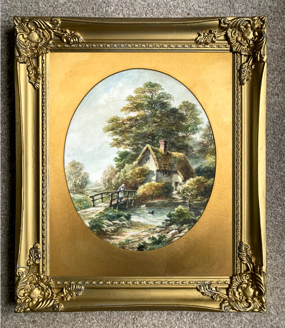 Beautiful C19th Victorian English School Watercolour - Rural Cottage by a Pond