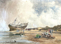 Excellent Early C19th Victorian Watercolour - Folk at a Beached Shipwreck - David Cox Jnr 1844