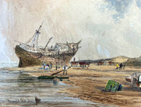 Excellent Early C19th Victorian Watercolour - Folk at a Beached Shipwreck - David Cox Jnr 1844