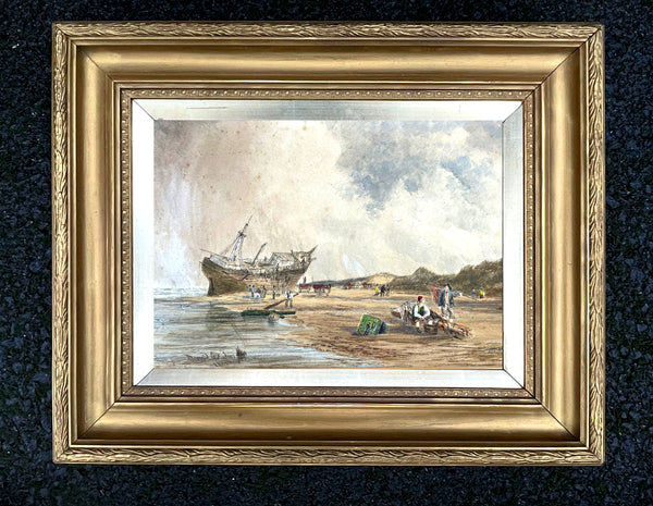 Excellent Early C19th Victorian Watercolour - Folk at a Beached Shipwreck - David Cox Jnr 1844