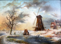 Exquisite Vintage Dutch School Oil on Artists Board - Figures on a Frozen Canal SOLD