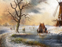 Exquisite Vintage Dutch School Oil on Artists Board - Figures on a Frozen Canal SOLD