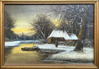 Fine Early C20th Oil on Artists Board - Woman in a Wintry River Landscape SOLD