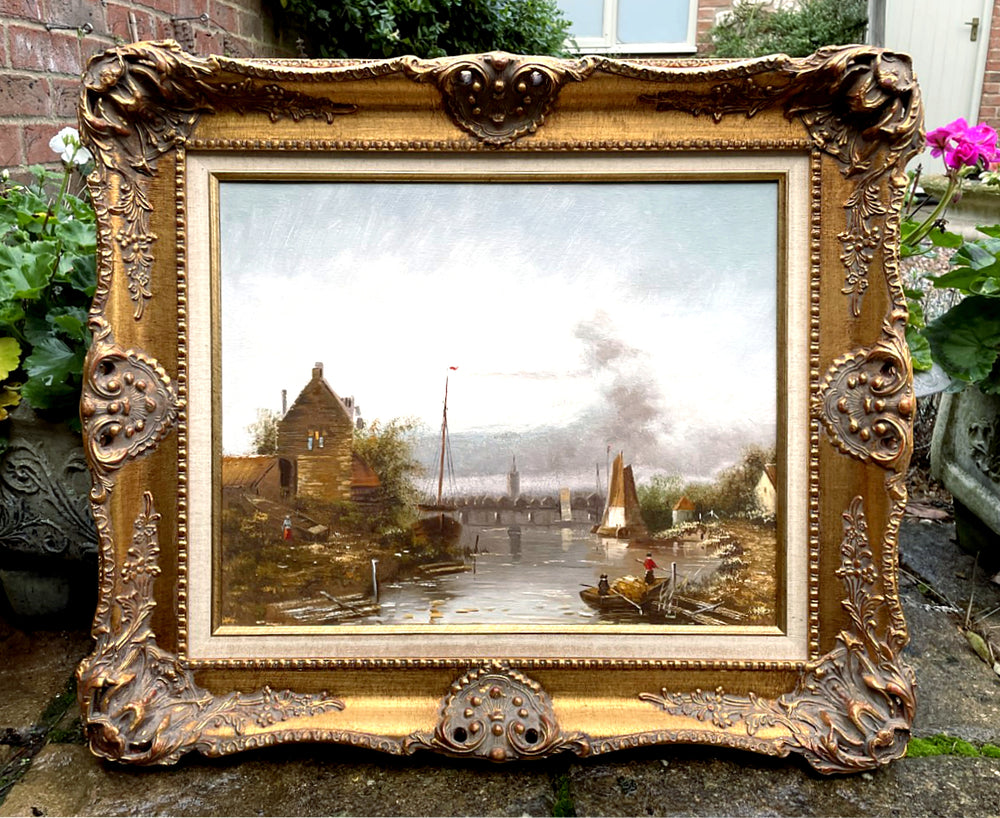 Fine Vintage Mid C20th Dutch School Oil on Canvas - Extensive River Landscape with Figures attrib J.Beekhout SOLD
