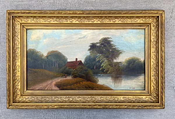 Fine C19th Victorian Oil on Board - Figure by a Riverside Cottage - G.Cole SOLD