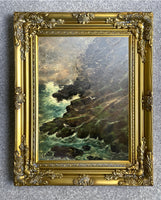 Fine C19th Victorian Oil on Artists Board - Coastal Scene in Stormy Seas - H.Wallis SOLD