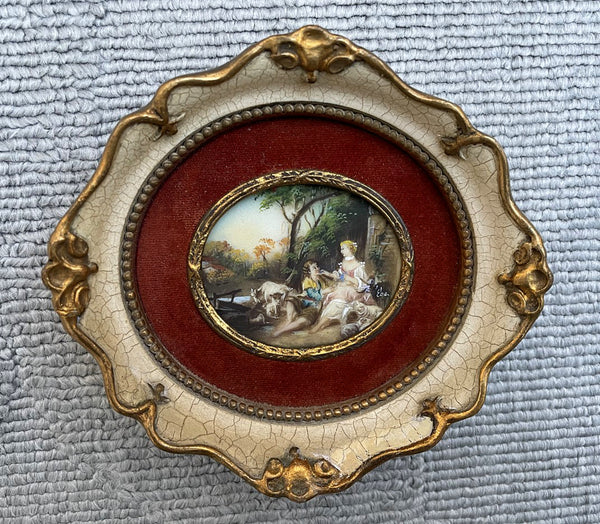 Exquisite Vintage Miniature Oil on Vellum - Pastoral Scene with a Courting Couple SOLD