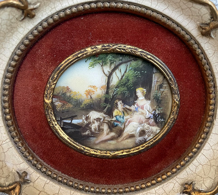 Exquisite Vintage Miniature Oil on Vellum - Pastoral Scene with a Courting Couple SOLD