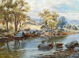 Fine C19th Victorian Watercolour depicting a River Landscape by H E Stacy 1882 SOLD