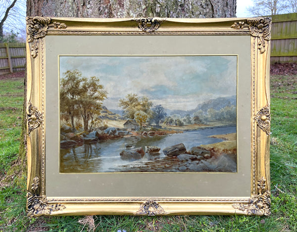 Fine C19th Victorian Watercolour depicting a River Landscape by H E Stacy 1882 SOLD