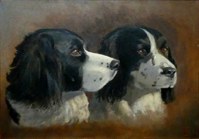 Superb Vintage English School Oil on Artists Canvas Board Portrait of Spaniels SOLD