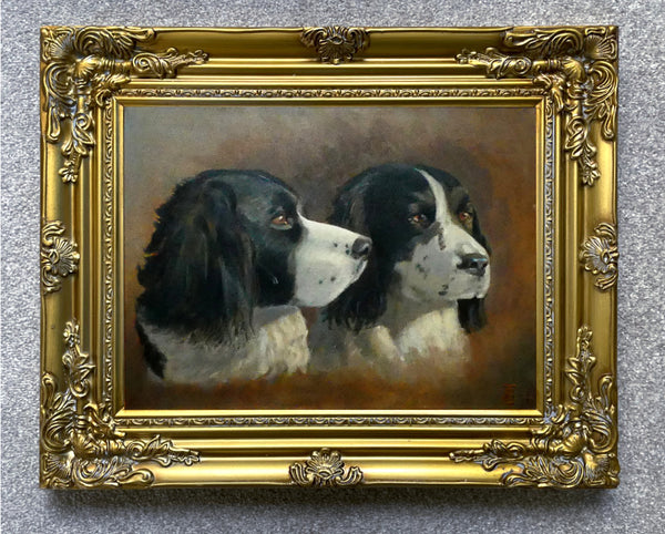 Superb Vintage English School Oil on Artists Canvas Board Portrait of Spaniels SOLD