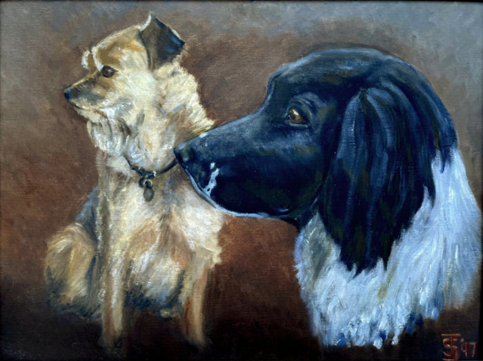 Fine Vintage English School Oil on Canvas Board - Portrait of a Sheepdog & Border Terrier SOLD
