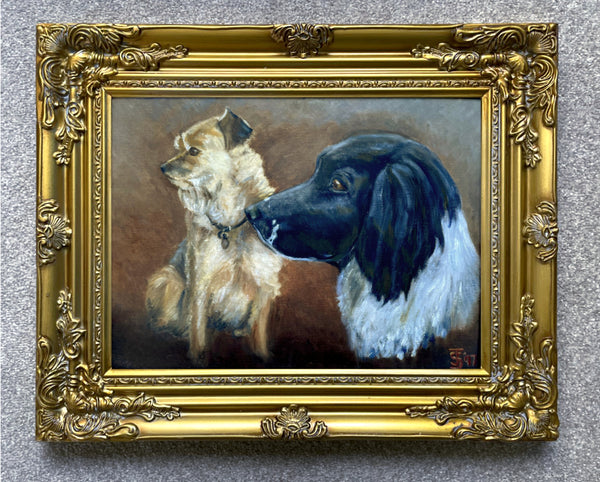 Fine Vintage English School Oil on Canvas Board - Portrait of a Sheepdog & Border Terrier