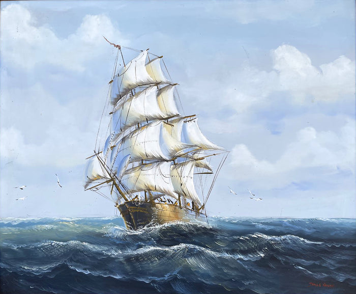 Fine Large Vintage Marine Oil on Canvas - Tea Clipper 