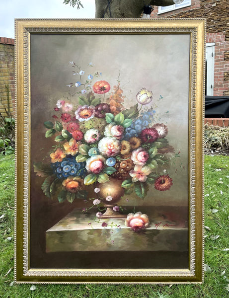 Beautiful Mid C20th Vintage Dutch School Oil on Canvas - Bouquet of Flowers in a Bronze Bowl