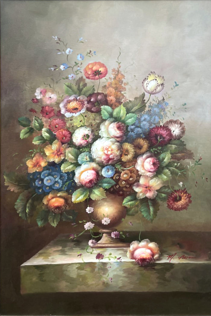 Beautiful Mid C20th Vintage Dutch School Oil on Canvas - Bouquet of Flowers in a Bronze Bowl