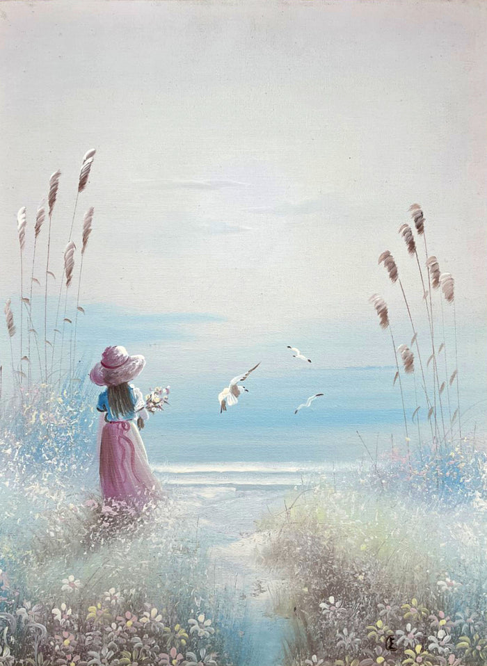 A Fine Vintage Oil on Canvas depicting a Young Girl on a Beach SOLD