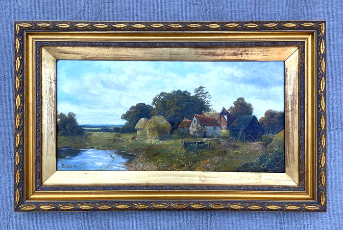 Fine Large C19th Victorian English School Oil on Canvas - Riverside Cottage - E Cole SOLD